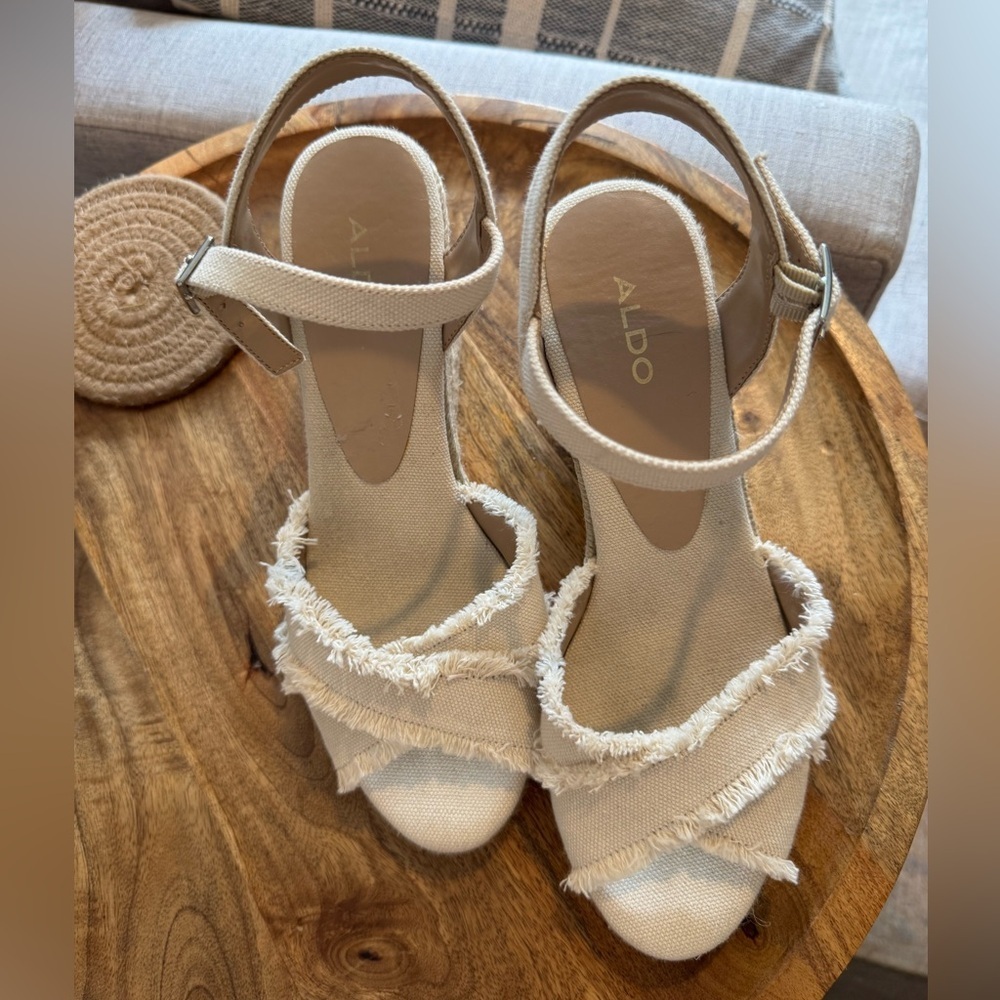 Aldo Cream Espadrille Wedge with Ankle Straps and Frayed Details